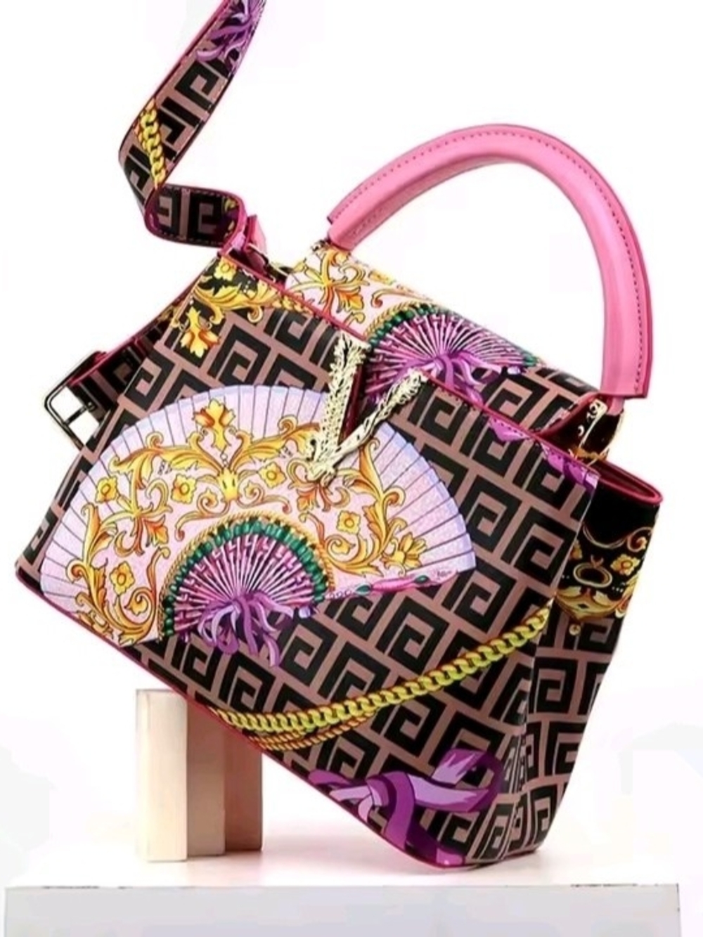 Pink Patterned Top-Handle Tote Bag with Fan Motif